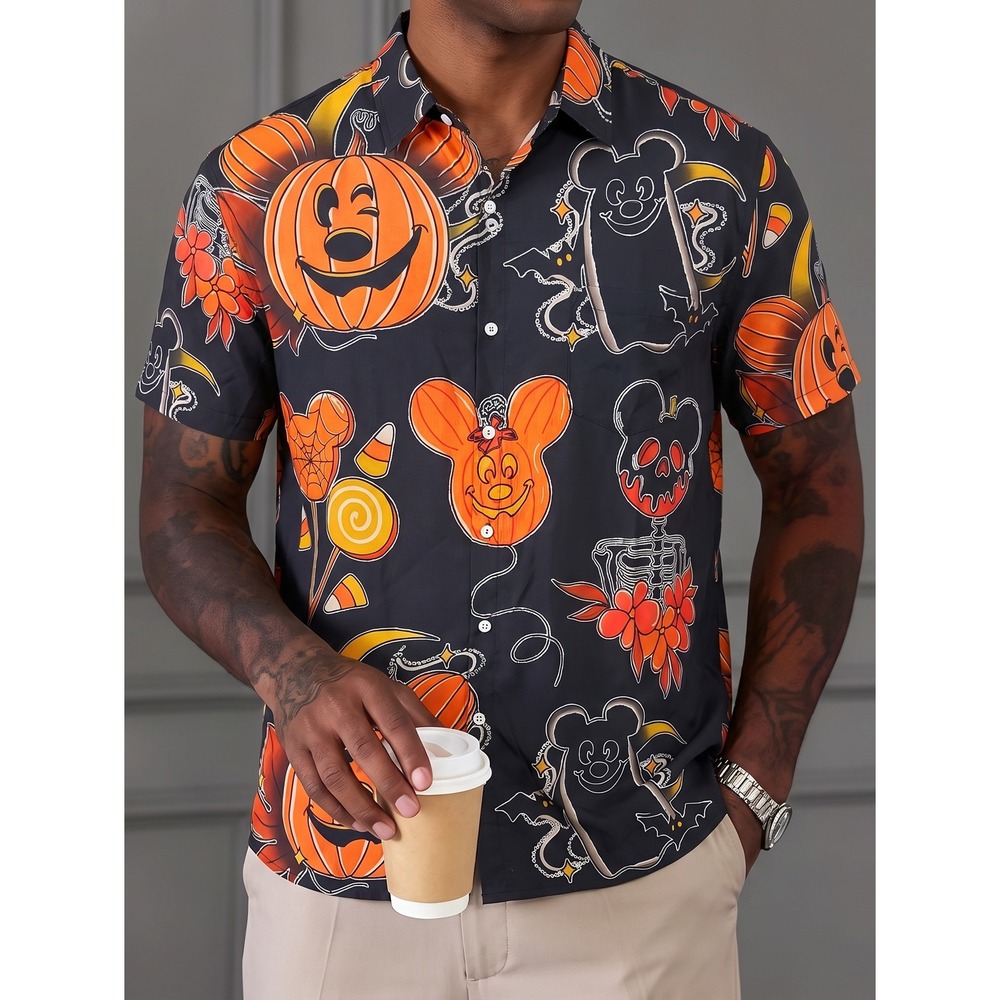 Aloha Button Down Shirt Mens XL Black Halloween Mickey Pumpkin Skeleton Print